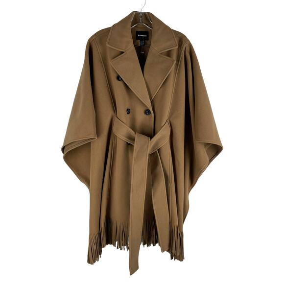 Express Fringe Belted Cape Poncho Coat Butterscotch Camel Size M/L - Picture 5 of 12